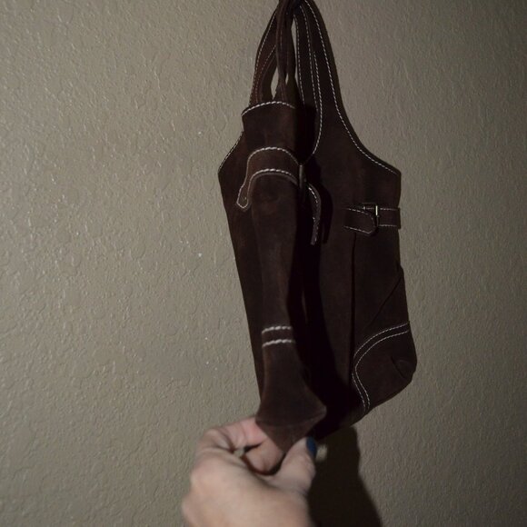 Ursula Beaugeste Dark Brown Suede Double Handle Tote Shoulder Handbag - Picture 2 of 6